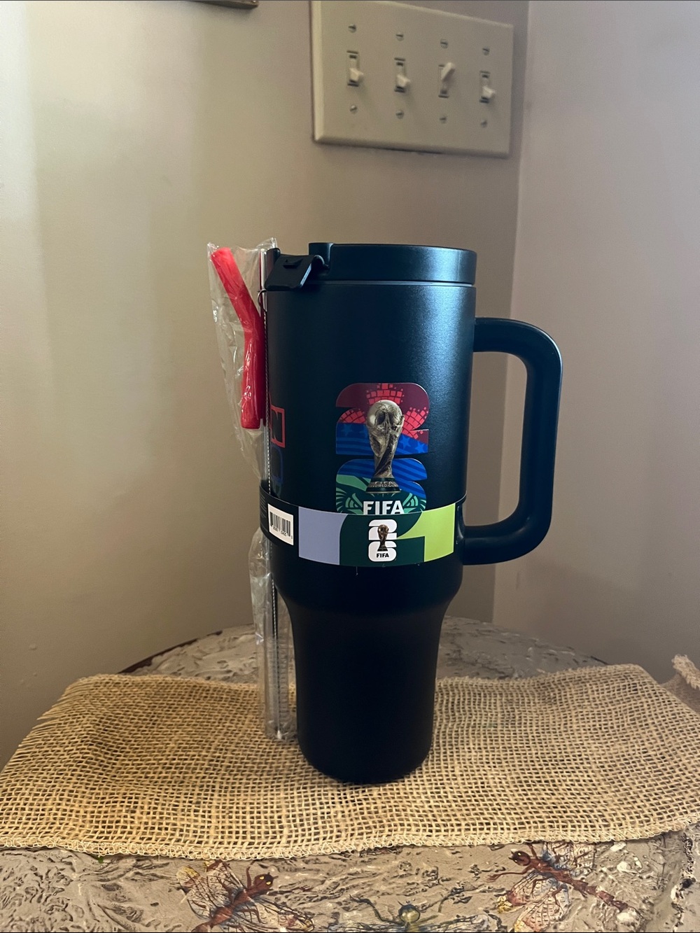 Black FIFA Travel Mug with Handle and Straw